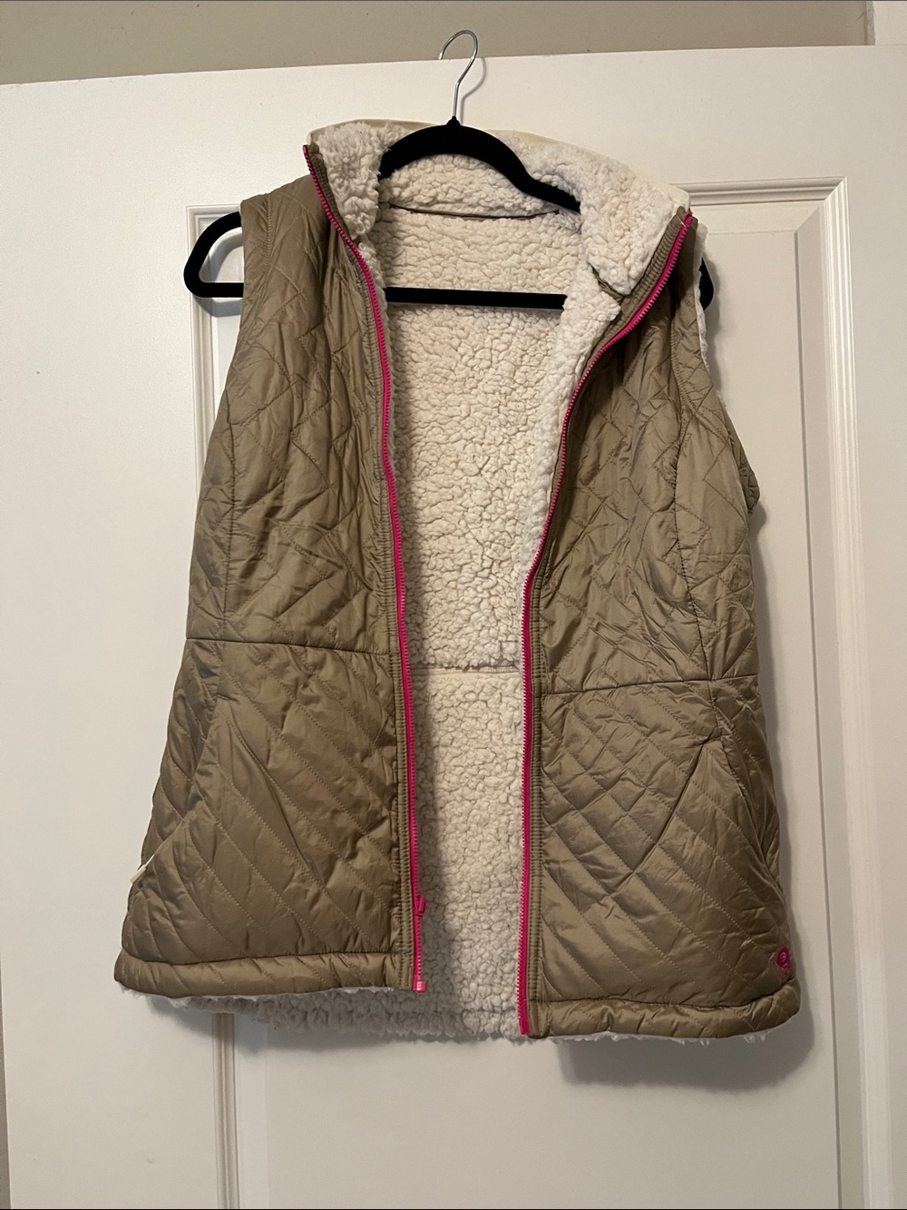 Quilted Sherpa-Lined Vest - Taupe with Pink Trim